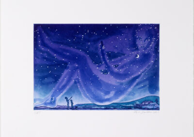 A large, translucent figure made of stars reclines in a night sky above a landscape. Two small human figures stand below, gazing up, evoking the dreamlike artistry of Paula Wilson. Deep blue and purple tones surround a crescent moon on the figure’s chest.