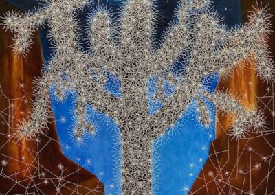 A tree with branches made of white, spiky star shapes stands against a blue and brown background, with a network of smaller stars and lines connecting them throughout the image.
