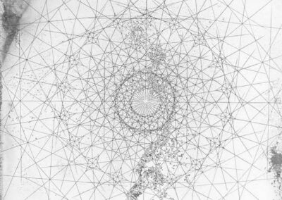 Geometric abstract drawing of interlocking lines and triangles forming a complex circular pattern in the center, with shaded and textured areas around the edges and bottom. The background is mostly white.