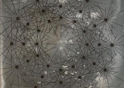 Abstract art featuring a grid of black dots connected by intersecting lines, forming a geometric web on a gray, textured background with a circular, radiating pattern at the center.