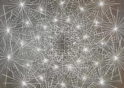 A complex geometric pattern of intersecting white lines forms starburst shapes on a textured gray background, creating a symmetrical, radiating abstract design.