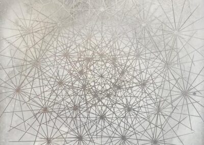 Abstract artwork featuring numerous intersecting thin lines and radiating starburst patterns on a light, textured background; the lines form a complex, web-like geometric design.