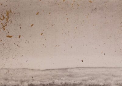A minimalistic landscape with a flat, grassy plain under a hazy sky. Faint hills line the horizon, and brown splatters are scattered across the sky, adding texture to the muted, sepia-toned scene.