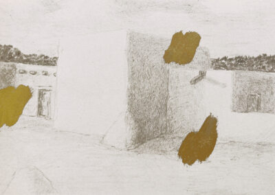 A pencil sketch of adobe-style buildings with several irregular patches of gold paint overlaid on parts of the structures and ground. Shrubs and trees are visible in the background under a cloudy sky.