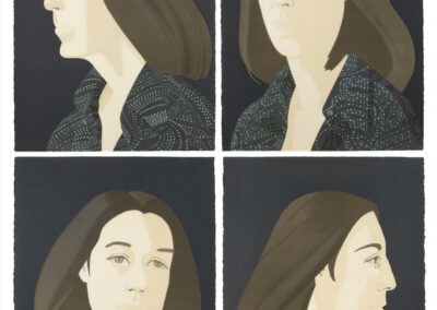 Four portraits of the same woman with straight brown hair and a patterned dark shirt, each shown from a different angle against a plain dark background, in a minimalist, stylized art style reminiscent of Alex Katz.