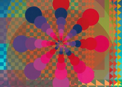 Abstract digital art inspired by Jeffrey Gibson, featuring concentric circles in red, pink, and purple radiating from the center, set against a vibrant geometric background of multicolored triangles and checkered patterns.