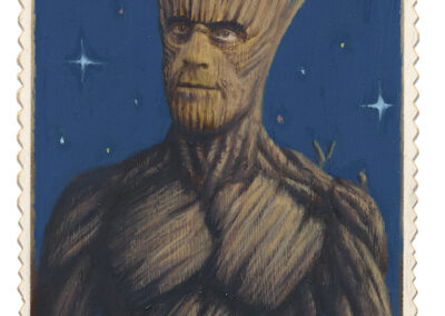 Portrait illustration of Groot, a humanoid tree character, set against a starry blue background in the style of Alex Gross. The frame reads “A. Larson Co., 313 Washington Ave S., Minneapolis.”.