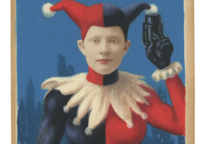 A vintage-style portrait inspired by Alex Gross features a person dressed as a jester in red, black, and white, holding a toy gun, with a city skyline and full moon glowing in the blue night sky behind them.