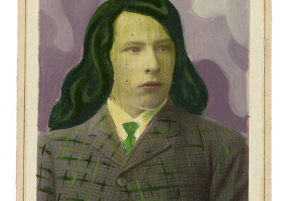 A vintage portrait of a man in a suit is altered with green paint over his hair and face. The background has purple and white swirls, echoing Alex Gross's surreal style. "UHF" appears at the bottom right, with "gross" handwritten at the top.