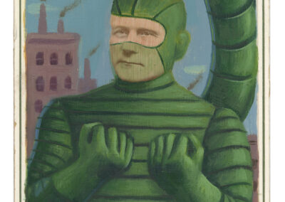 A vintage-style illustration by Alex Gross shows a person in a green, segmented caterpillar costume standing before smokestack buildings. The bottom of the card reads "Hirsy, 21 North Main St., Hutchinson, Kas.