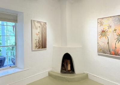 A bright room at El Zaguán features a corner fireplace, two framed floral artworks by Elizabeth Chiles on white walls, and a window to the left showing greenery outside. Sunlight streams in, illuminating the space in 2025.