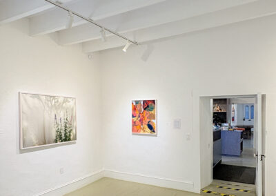 A white-walled art gallery at El Zaguán showcases two paintings—one abstract and colorful, the other subdued and natural—by Elizabeth Chiles. An open doorway reveals a table and chairs in the next room, hinting at more to discover in 2025.