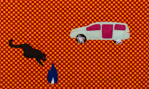 A black cat approaches a small blue flame, while a light blue and pink car is parked nearby. The red and orange checkered background evokes the vibrant atmosphere of contemporary art exhibitions.