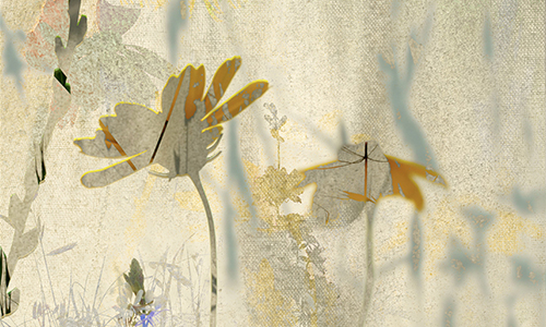 Abstract floral illustration with muted yellow and gray tones, featuring silhouettes of flowers and leaves against a textured, light beige background. Perfect for art exhibitions, the image offers a soft, dreamy, and artistic appearance.