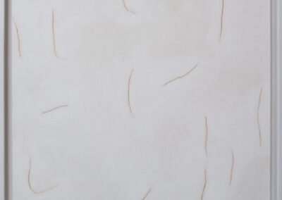 A white canvas with several thin, slightly curved beige lines scattered across the surface, framed with a simple white border. This minimal and abstract design is part of the Bell Mills 2025 collection.