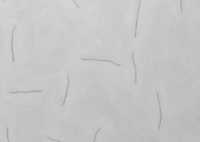 A textured white canvas from Bell Mills 2025 features nine thin, slightly curved black lines scattered across the surface. The subtly uneven background adds depth and dimension to this distinctive composition.