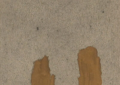 Abstract painting with a textured gray background and two irregular brown vertical shapes at the bottom, resembling rough columns or rock formations. This minimalistic composition features muted colors, characteristic of Bell Mills 2025.