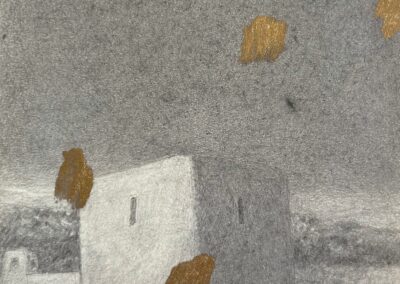 A grayscale drawing of a simple, square building with a door and a small window, set against a landscape. Gold leaf-like shapes are scattered across the scene, evoking the quiet beauty of Bell Mills 2025.