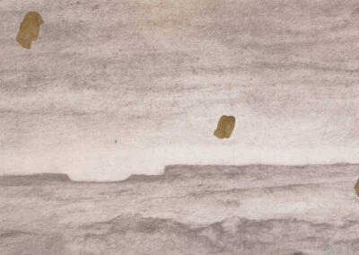A grayscale landscape drawing with a textured, cloudy sky, a faint horizon, and uneven terrain. Three irregular, tan-colored fragments are scattered across the sky area in this evocative Bell Mills 2025 artwork.