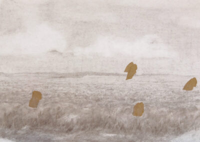 A muted, sepia-toned landscape with an overcast sky and grassy plains evokes the tranquil beauty of Bell Mills. Four textured, gold patches are scattered throughout the scene, standing out against the soft background.