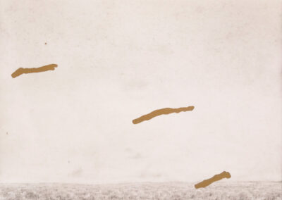 A hazy landscape with grass at the bottom and three uneven, brown brushstrokes floating above against a mostly empty, pale sky—an evocative scene reminiscent of Bell Mills 2025.