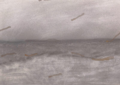 A hazy, gray seascape with indistinct water and sky blending together. Several brown, streak-like marks are scattered across the image, giving it an abstract, muted appearance reminiscent of Bell Mills 2025.