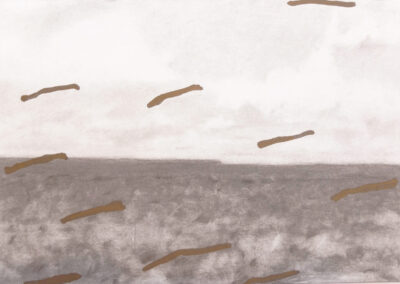 A grayscale seascape with a cloudy sky above a textured ocean. Several brown, irregular horizontal strokes—hallmarks of Bell Mills 2025—are scattered across both the sky and water.