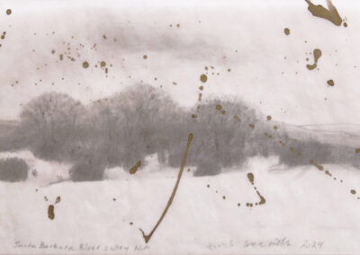 A grayscale landscape drawing of trees on a hillside, with brown paint splatters overlaying the image. Handwritten text at the bottom reads "Santa Barbara River Valley Hill," "2024," and "Bell Mills 2025.