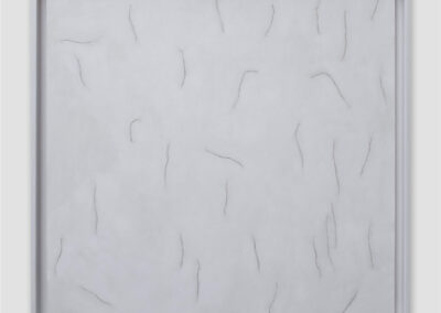 A square, white artwork with a smooth surface features several thin, slightly curved, shallow grooves or lines randomly scattered across the canvas. The overall design is minimalistic and monochromatic, reminiscent of Bell Mills 2025 aesthetics.