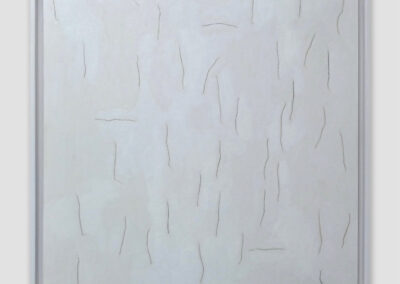 A white canvas with faint, irregular vertical and horizontal raised lines and shallow grooves, creating a subtle abstract pattern. The minimal, monochromatic texture reflects the refined aesthetic of Bell Mills 2025.