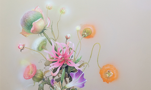 A delicate illustration of various colorful flowers, including pink, purple, orange, and green blooms, set against a soft, pale background—perfect for art exhibitions with its dreamy, glowing effect around the petals.