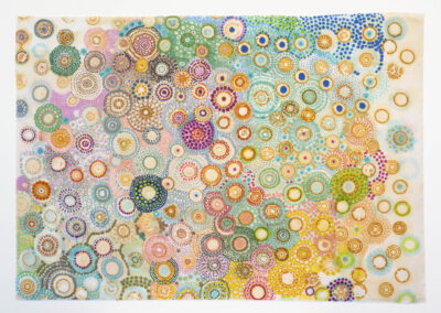 An abstract artwork featuring hundreds of colorful, overlapping circular patterns in various sizes for 2025. Intricate dot and ring designs in orange, blue, green, pink, and yellow stand out on a crisp white background.