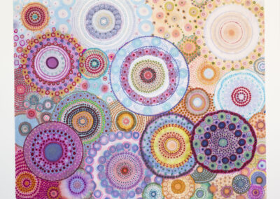 Colorful abstract artwork featuring overlapping circles of various sizes. Each circle is filled with intricate dot patterns in shades of pink, blue, orange, green, and purple on a light background—perfect for 2025 trends.