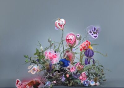 A surreal arrangement of vividly colored flowers, some blending and morphing, stands against a smooth gray background, giving a dreamlike and ethereal effect in true style.