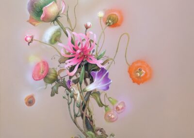 A surreal bouquet features colorful, glowing flowers with twisting stems and roots, set against a smooth, neutral background. Some blooms appear fantastical, with unusual shapes and luminous halos—florals of 2025 imagination.