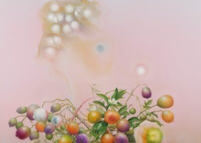 A surreal still life by McConville features colorful, round fruits and flowers on a surface, set against a soft pink background with abstract, blurred shapes and faded white circles above the arrangement—perfect for 2025.
