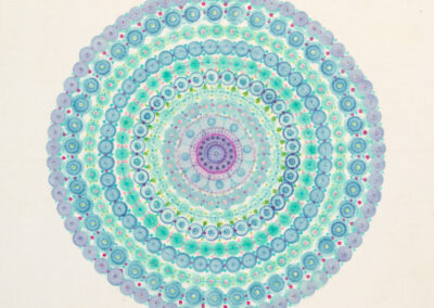 A circular mandala pattern with intricate, concentric rings of blue, turquoise, and purple dots on a light background. Inspired by McConville Munroe’s 2025 designs, it features repeating circle motifs and a symmetrical, hypnotic appearance.