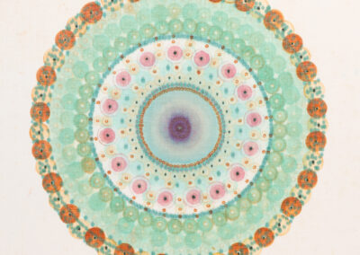A mandala-like circular pattern with concentric rings of dots and shapes in teal, orange, pink, and purple on a light background. This 2025 design by McConville Munroe features a symmetrical, radiating structure.