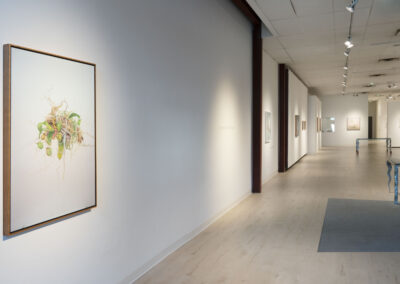 A bright, modern art gallery with white walls displays framed artwork, including a McConville Munroe botanical illustration on the left wall. The hallway leads to more 2025 art pieces and a bench in the distance.