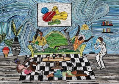 Five people relax in a colorful, abstract living room featuring vibrant wall art and a green couch. Surrounded by pieces inspired by the Art of ReUse, they sip drinks and chat in this creative space that celebrates sustainable art.