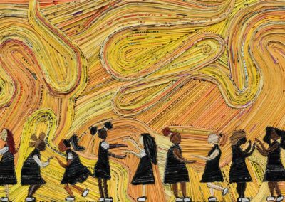A group of children holding hands in black silhouettes walks against a vibrant, swirling yellow and orange background made of layered, textured lines—an inspiring scene celebrating the Art of ReUse.