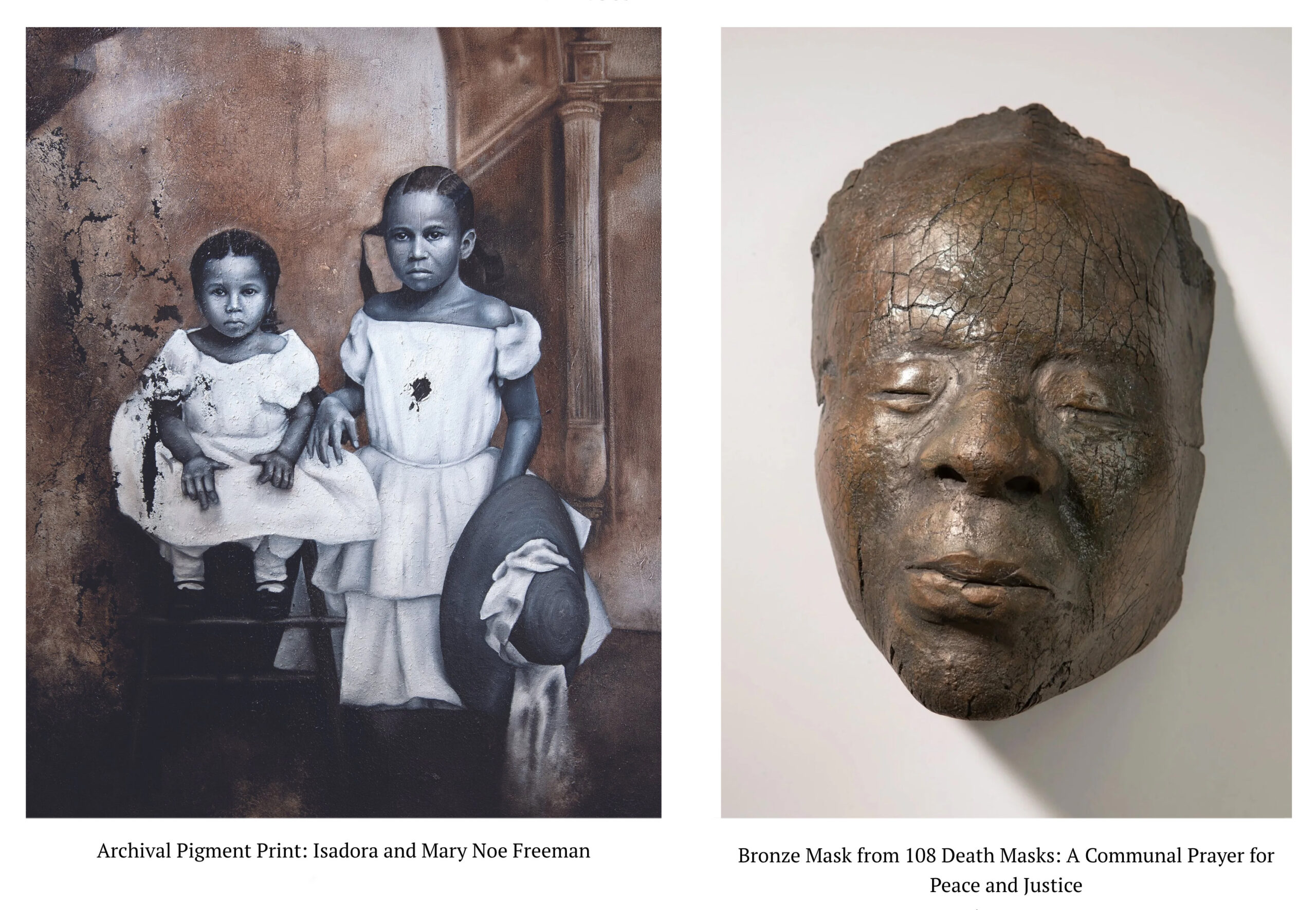 Maskandprint_nikesha_breeze Side-by-side images: On the left, a sepia-toned portrait of two young girls in dresses; on the right, a textured bronze mask by Nikesha Breeze. Captions describe the artworks and their titles, featured in the Biennale of Sydney campaign.
