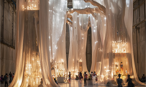 Tall, glowing fabric structures resembling trees fill a large indoor space at art exhibitions, with lights scattered throughout the translucent material. People walk and gather beneath the luminous, ethereal installations.