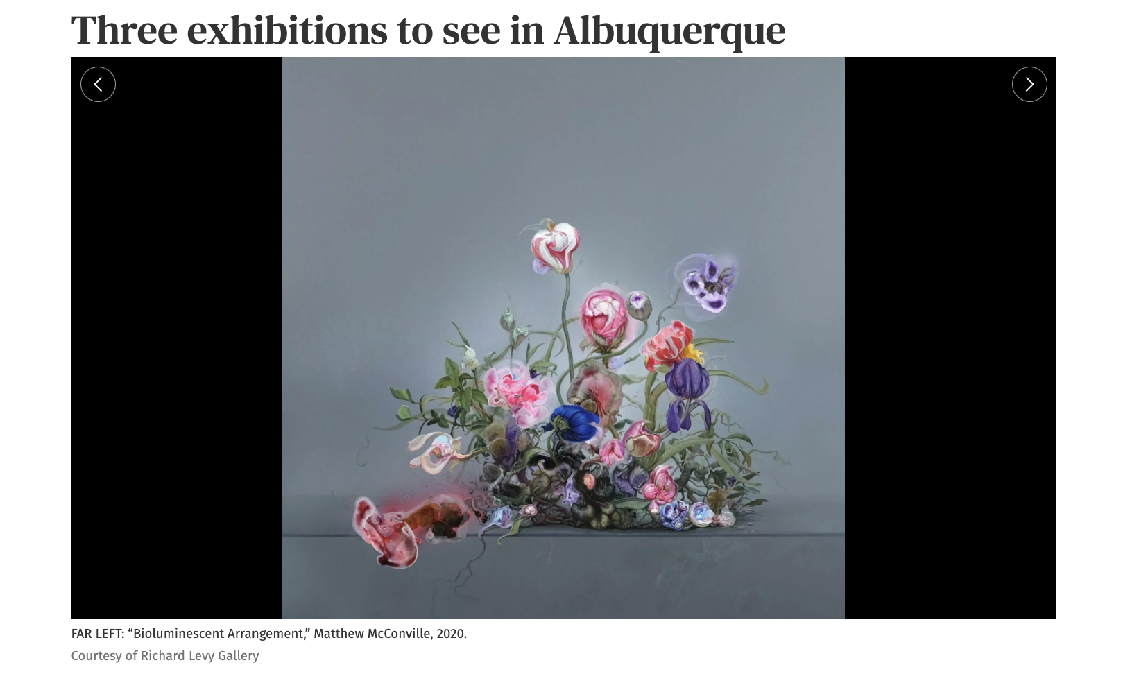 Screenshot A digital artwork featured in Art Gallery News shows bioluminescent, surreal flowers in vivid colors against a gray background. Their glowing and translucent effects create a dreamy, ethereal atmosphere.