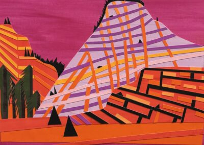 A vibrant abstract painting depicts mountains with bold, angular stripes of orange, purple, and red against a pink sky. Dark green and black trees stand at the base, adding contrast to the geometric landscape.