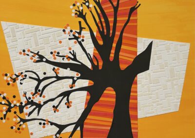 A black silhouette of a tree with bare branches and small orange, black, and white dots stands against a geometric background of orange stripes and white textured shapes on a yellow backdrop.