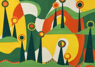 Abstract painting with tall, dark green triangular shapes topped with colorful rings, set against a background of flowing yellow, orange, white, and green curves and patterns, evoking a surreal landscape.