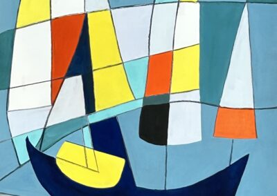Abstract painting of a sailboat on blue water, featuring bold geometric shapes and sails in white, yellow, orange, and black, with a large orange sun in the top left corner against a patchwork blue sky.