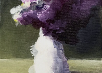 An impressionistic painting of a white vase holding purple and white flowers with yellow accents, set against a muted green background on a light surface.