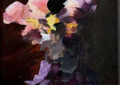 Abstract painting of a bouquet with pink, purple, and yellow brushstrokes on a dark background and light turquoise surface. The flowers are loosely rendered, creating a dreamy, impressionistic effect.